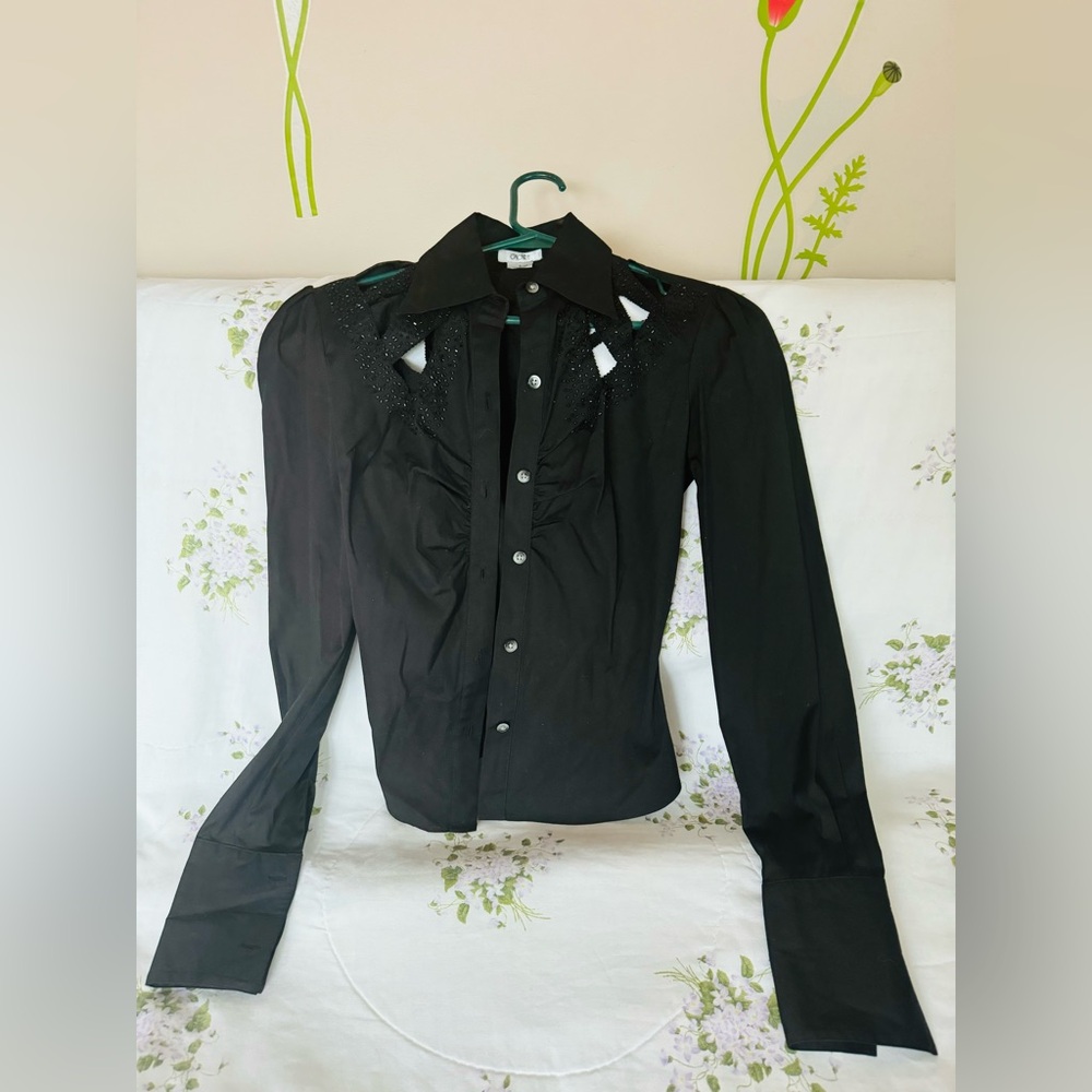 Caché Vintage Black Sequined Long sleeved Button Down shirt w/ Cut-Outs